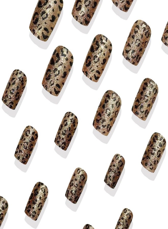 OCOUYVD 24 Pcs Leopard Print Press on Nails Short Square Shaped Fake Nails Golden Glitter Designs Full Cover False Nail Glossy Acrylic Nail Stick on Nails for Women Girls DIY Manicure Decoration - Image 2